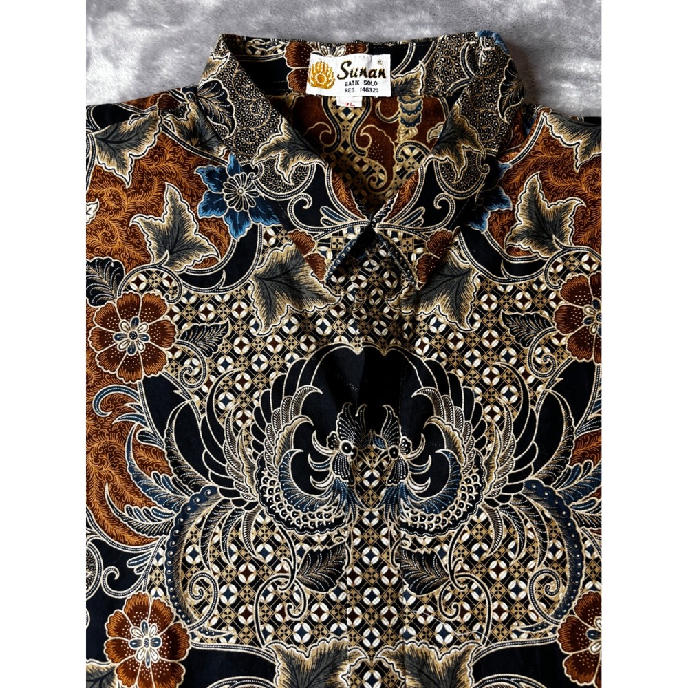Sunan Batik Solo Mens Shirt 3L Brown Blue Black Traditional Pattern Short Sleeve